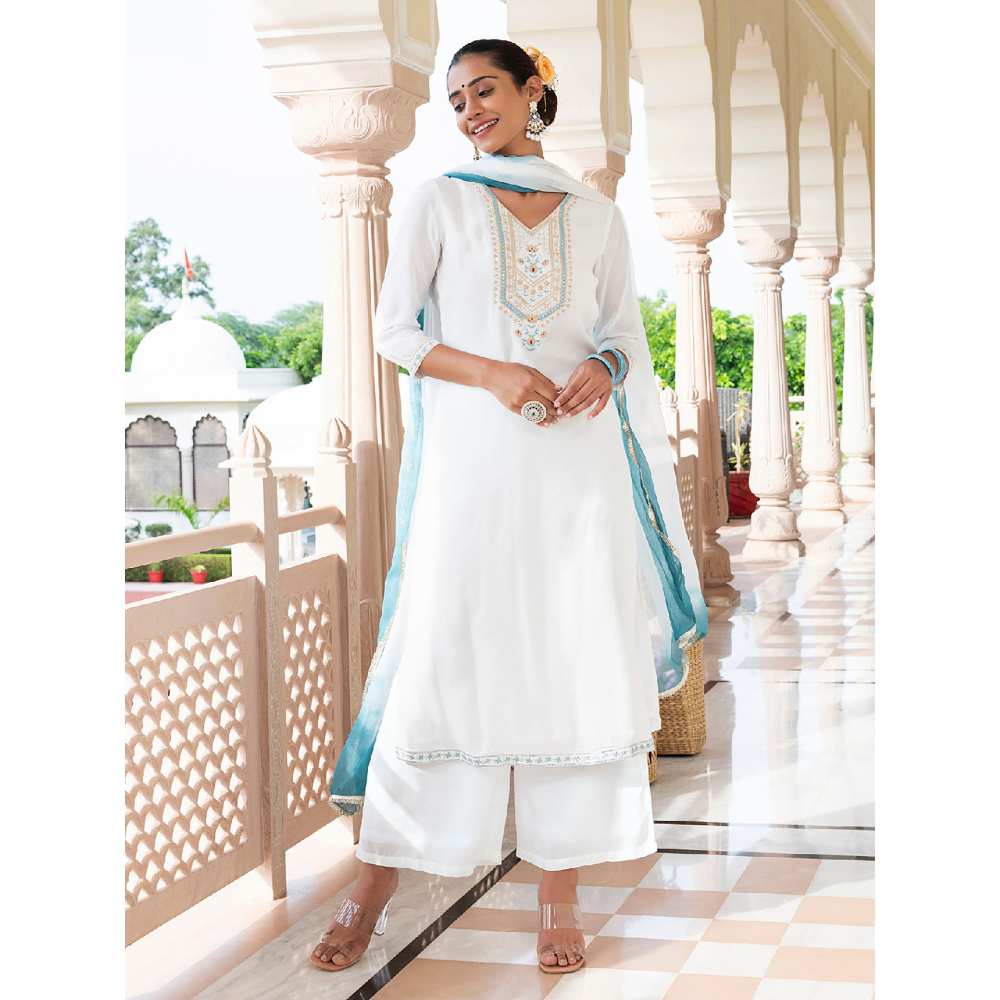 Nehamta Women's Rayon White Straight Kurta Afghani Salwar and Dupatta Set